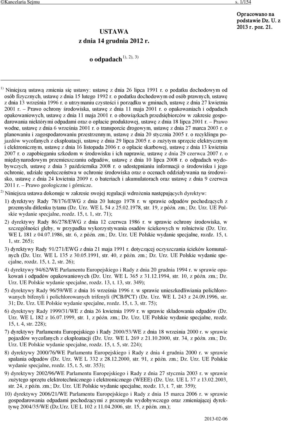 o podatku dochodowym od osób prawnych, ustawę z dnia 13 września 1996 r. o utrzymaniu czystości i porządku w gminach, ustawę z dnia 27 kwietnia 2001 r.