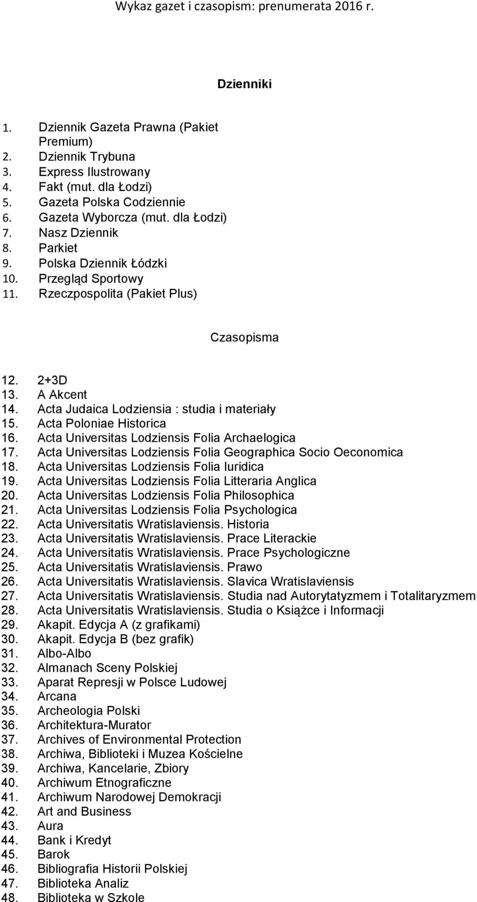 Acta Poloniae Historica 16. Acta Universitas Lodziensis Folia Archaelogica 17. Acta Universitas Lodziensis Folia Geographica Socio Oeconomica 18. Acta Universitas Lodziensis Folia Iuridica 19.