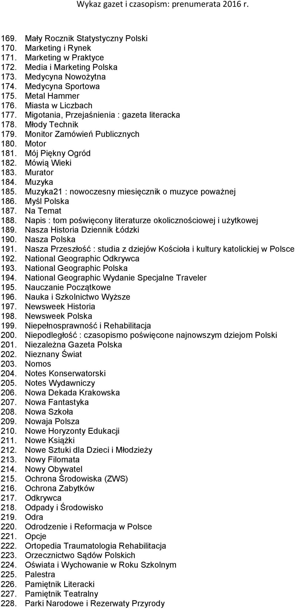 Muzyka21 : nowoczesny miesięcznik o muzyce poważnej 186. Myśl Polska 187. Na Temat 188. Napis : tom poświęcony literaturze okolicznościowej i użytkowej 189. Nasza Historia Dziennik Łódzki 190.