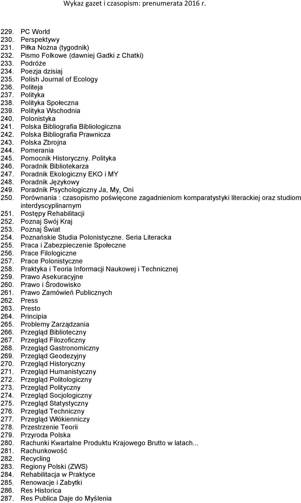 Polityka 246. Poradnik Bibliotekarza 247. Poradnik Ekologiczny EKO i MY 248. Poradnik Językowy 249. Poradnik Psychologiczny Ja, My, Oni 250.