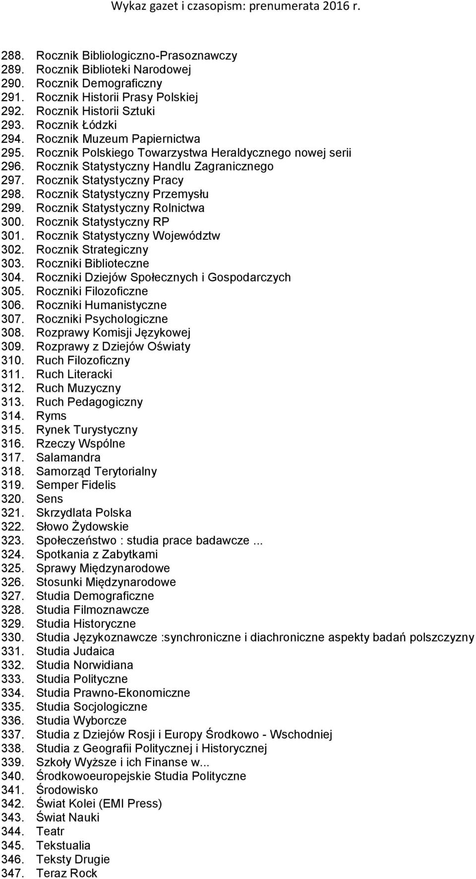 Rocznik Statystyczny Przemysłu 299. Rocznik Statystyczny Rolnictwa 300. Rocznik Statystyczny RP 301. Rocznik Statystyczny Województw 302. Rocznik Strategiczny 303. Roczniki Biblioteczne 304.