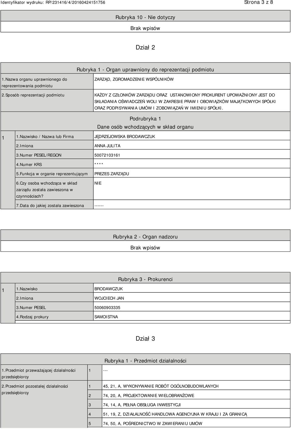 MAJĄTKOWYCH SPÓŁKI ORAZ PODPISYWANIA UMÓW I ZOBOWIĄZAŃ W IMIENIU SPÓŁKI. Podrubryka 1 Dane osób wchodzących w skład organu 1 1.Nazwisko / Nazwa lub Firma JĘDRZEJOWSKA BRODAWCZUK 2.