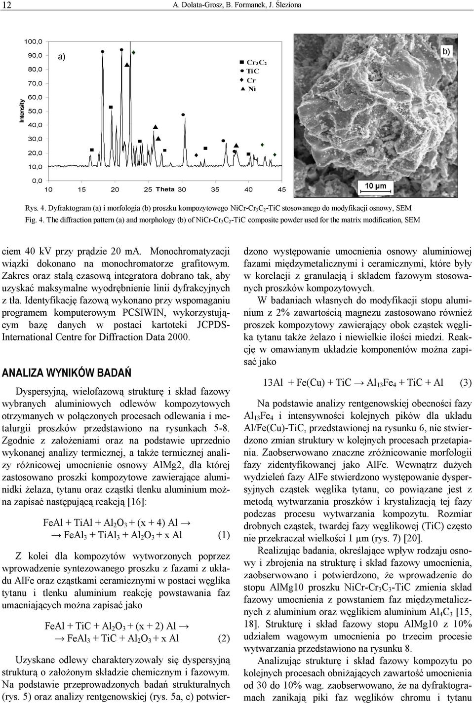 45 Rys. 4. Dyfraktogram ( i morfologia ( proszku kompozytowego NiCr-Cr 3C 2-TiC stosowanego do modyfikacji osnowy, SEM Fig. 4. The diffraction pattern ( and morphology ( of NiCr-Cr 3C 2-TiC composite powder used for the matrix modification, SEM ciem 40 kv przy prądzie 20 ma.