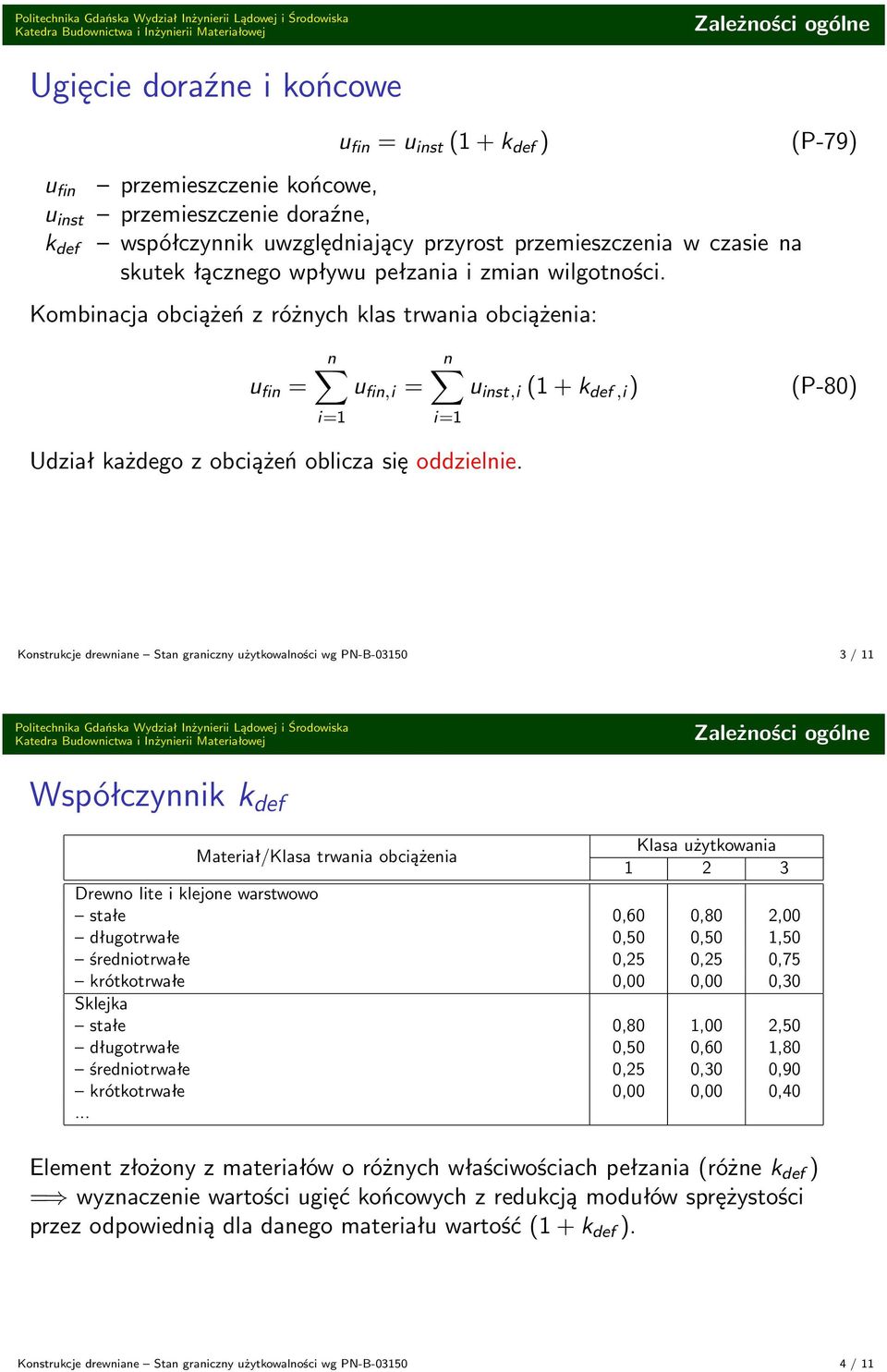 Kombinacja obciążeń z różnych klas trwania obciążenia: (P-79) u fin = n u fin,i = n u inst,i (1 + k def,i ) (P-80) i=1 i=1 Udział każdego z obciążeń oblicza się oddzielnie.