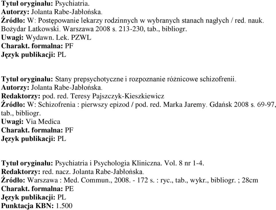 Teresy Pajszczyk-Kieszkiewicz Źródło: W: Schizofrenia : pierwszy epizod / pod. red. Marka Jaremy. Gdańsk 2008 s. 69-97, tab., bibliogr. Uwagi: Via Medica Charakt.