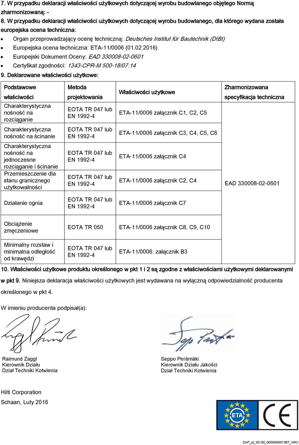 Bautechnik (DIBt) Europejska ocena techniczna: ETA-11/0006 (01.02.2016) Europejski Dokument Oceny: EAD 330008-02-0601 Certyfikat zgodności: 1343-CPR-M 500-18/07.14 9.