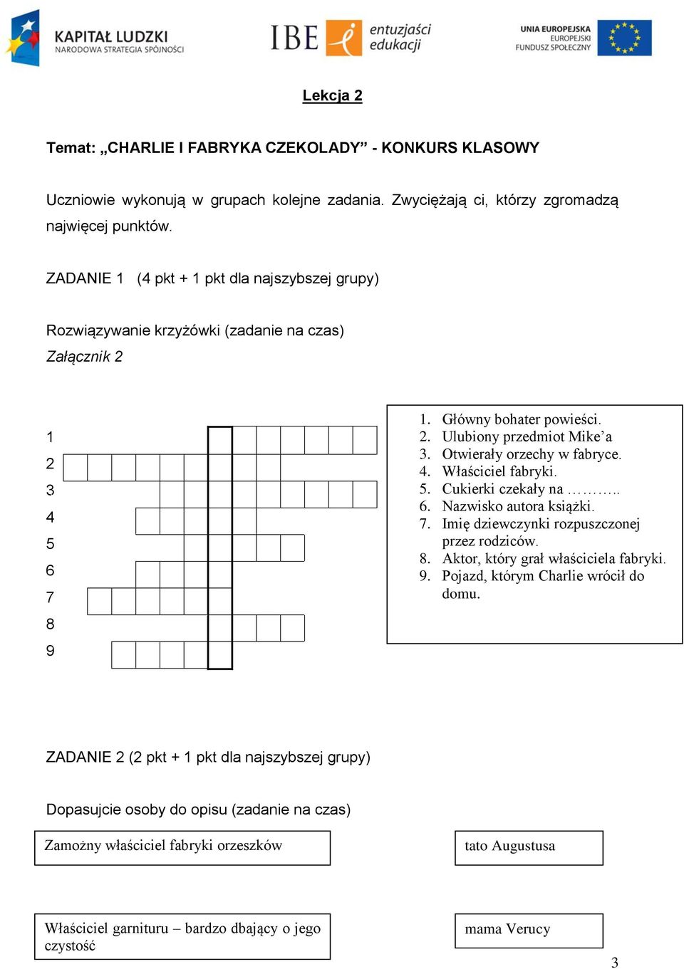 Otwierały orzechy w fabryce. 4. Właściciel fabryki. 5. Cukierki czekały na.. 6. Nazwisko autora książki. 7. Imię dziewczynki rozpuszczonej przez rodziców. 8. Aktor, który grał właściciela fabryki.