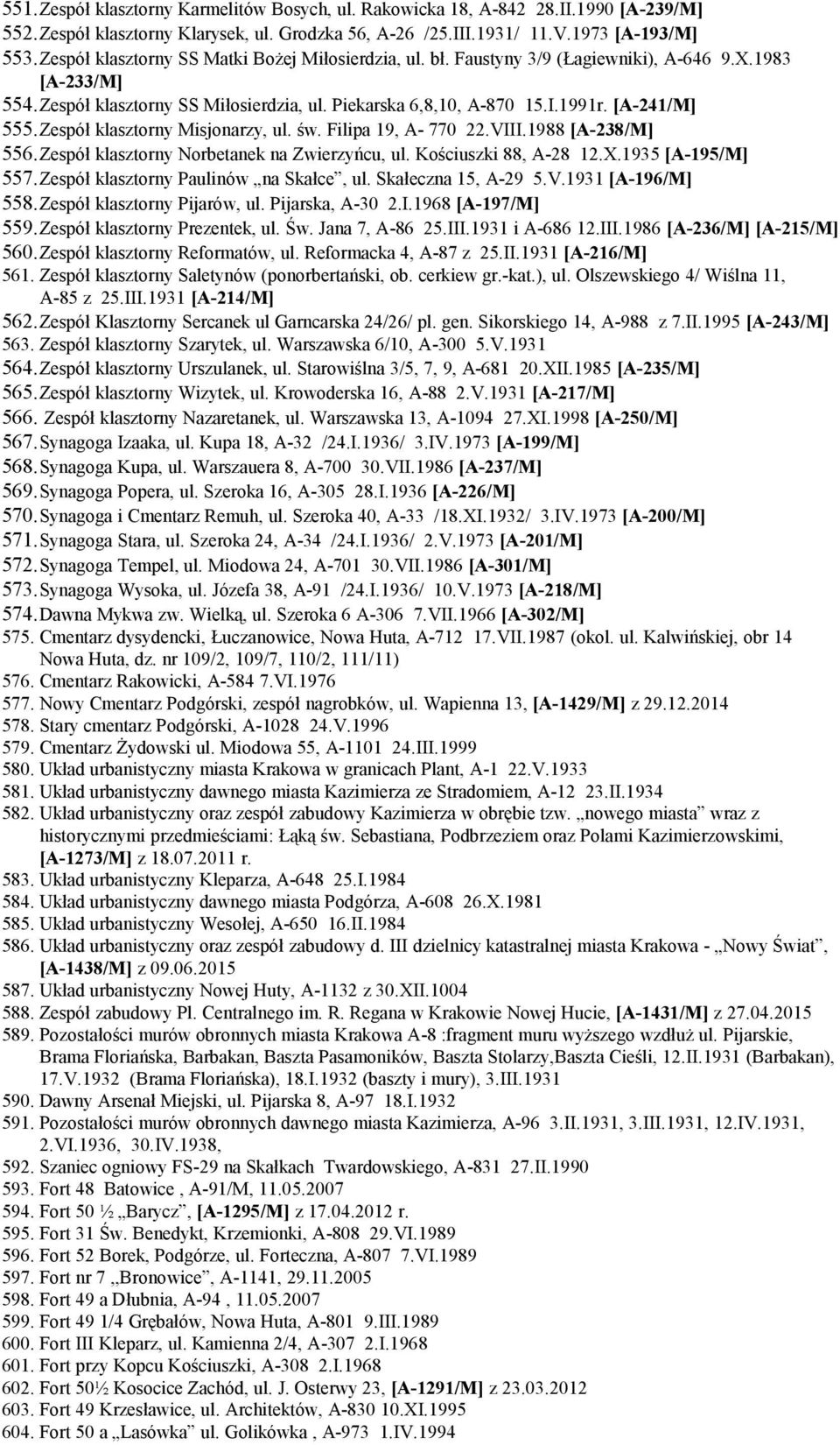 Zespół klasztorny Misjonarzy, ul. św. Filipa 19, A- 770 22.VIII.1988 [A-238/M] 556.Zespół klasztorny Norbetanek na Zwierzyńcu, ul. Kościuszki 88, A-28 12.X.1935 [A-195/M] 557.