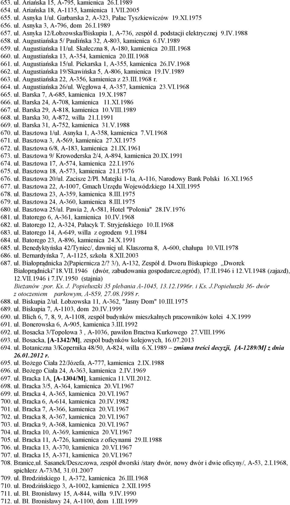 Skałeczna 8, A-180, kamienica 20.III.1968 660. ul. Augustiańska 13, A-354, kamienica 20.III.1968 661. ul. Augustiańska 15/ul. Piekarska 1, A-355, kamienica 26.IV.1968 662. ul. Augustiańska 19/Skawińska 5, A-806, kamienica 19.