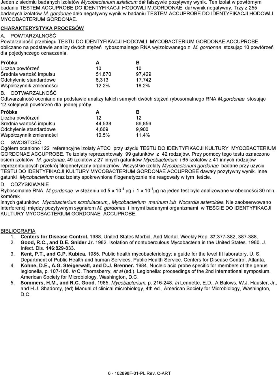 POWTARZALNOŚĆ Powtarzalność przebiegu TESTU DO IDENTYFIKACJI HODOWLI MYCOBACTERIUM GORDONAE ACCUPROBE obliczano na podstawie analizy dwóch stężeń rybosomalnego RNA wyizolowanego z M.