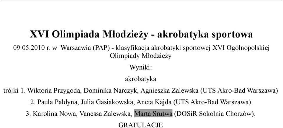 akrobatyka trójki 1. Wiktoria Przygoda, Dominika Narczyk, Agnieszka Zalewska (UTS Akro-Bad Warszawa) 2.