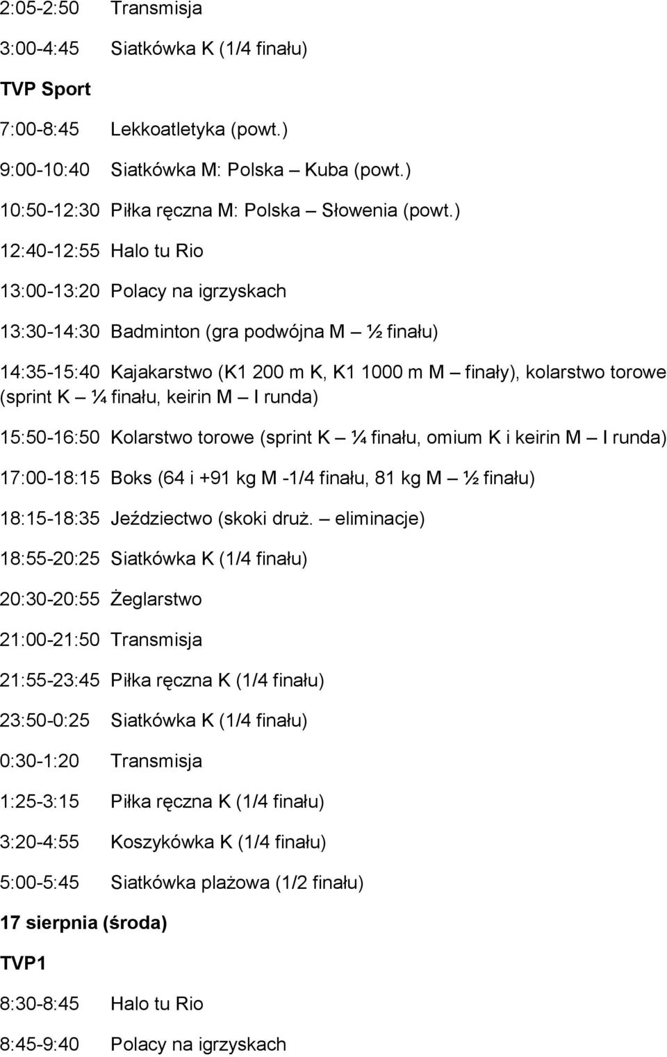 finału, keirin M I runda) 15:50-16:50 Kolarstwo torowe (sprint K ¼ finału, omium K i keirin M I runda) 17:00-18:15 Boks (64 i +91 kg M -1/4 finału, 81 kg M ½ finału) 18:15-18:35 Jeździectwo (skoki