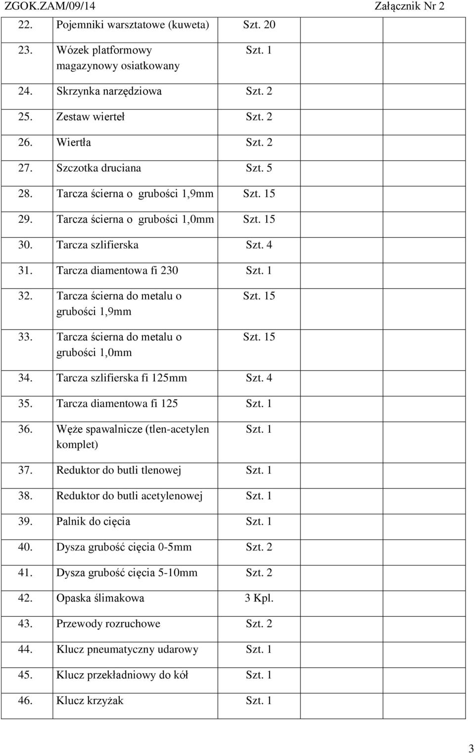 Tarcza ścierna do metalu o grubości 1,0mm 5 5 34. Tarcza szlifierska fi 125mm Szt. 4 35. Tarcza diamentowa fi 125 36. Węże spawalnicze (tlen-acetylen komplet) 37. Reduktor do butli tlenowej 38.