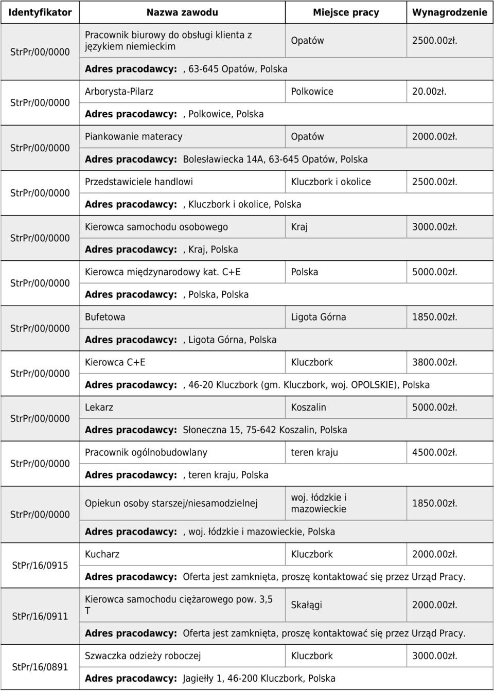 C+E 5000.00zł. Adres pracodawcy:,, Bufetowa Ligota Górna 1850.00zł. Adres pracodawcy:, Ligota Górna, Kierowca C+E Kluczbork 3800.00zł. Adres pracodawcy:, 46-20 Kluczbork (gm. Kluczbork, woj.