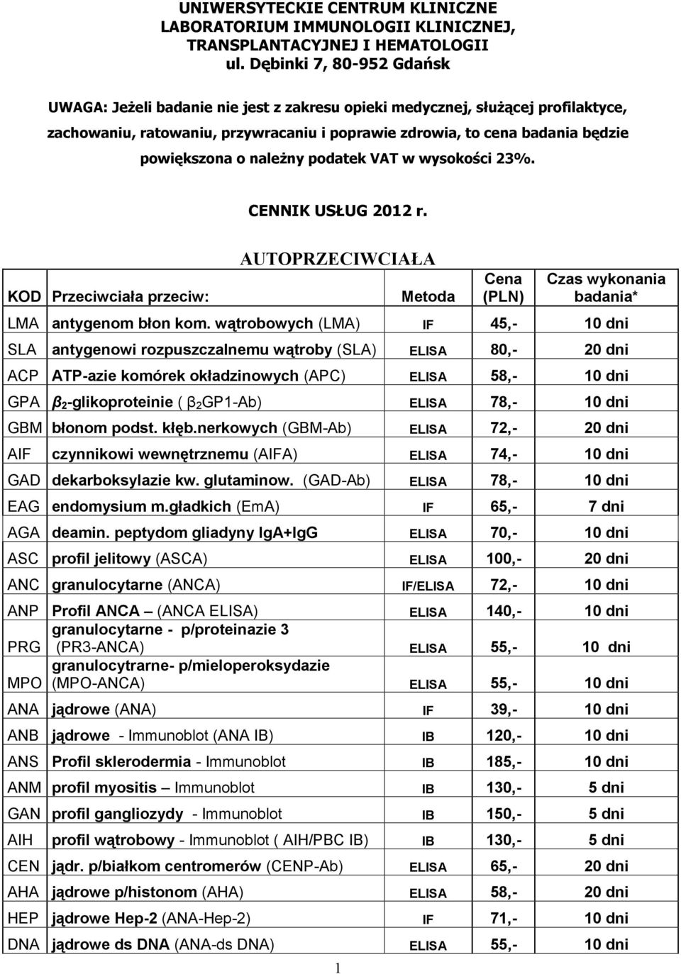 należny podatek VAT w wysokości 23%. CENNIK USŁUG 2012 r. KOD Przeciwciała przeciw: AUTOPRZECIWCIAŁA 1 LMA antygenom błon kom.