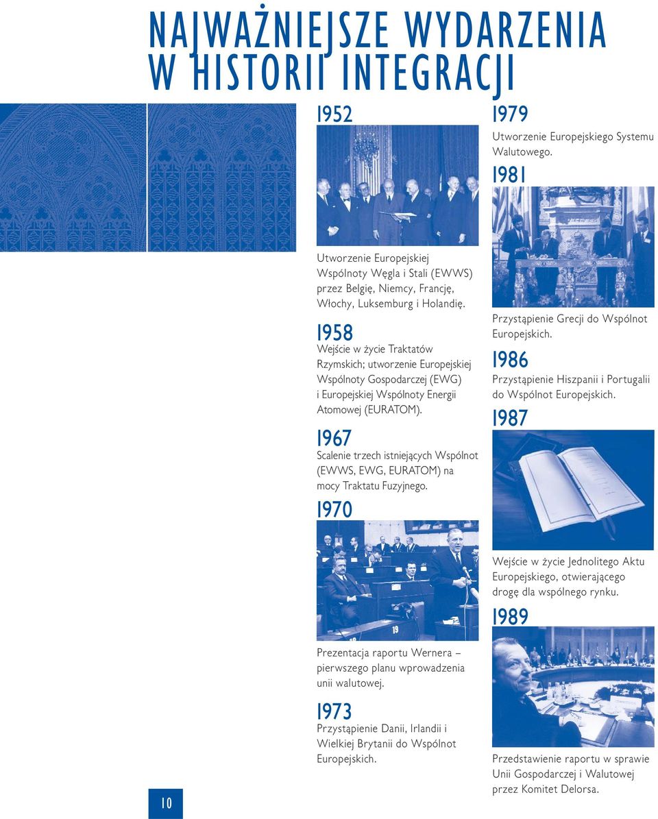 I958 Wejście w życie Traktatów Rzymskich; utworzenie Europejskiej Wspólnoty Gospodarczej (EWG) i Europejskiej Wspólnoty Energii Atomowej (EURATOM).