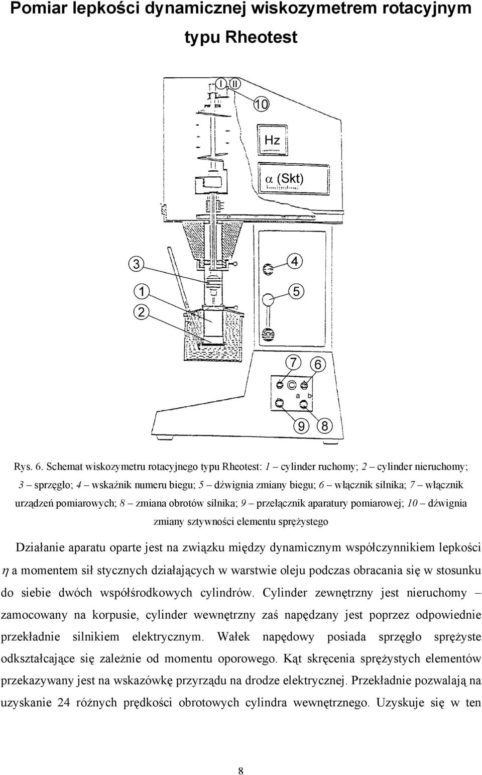 pomiarowych; 8 zmiana obrotów silnika; 9 przełącznik aparatury pomiarowej; 10 dźwignia zmiany sztywności elementu sprężystego Działanie aparatu oparte jest na związku między dynamicznym