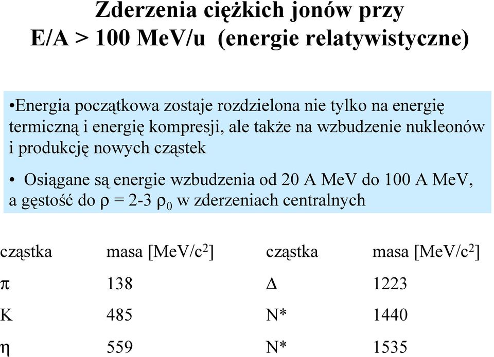 produkcję nowych cząstek Osiągane są energie wzbudzenia od 20 A MeV do 100 A MeV, agęstość do r = 2-3 r