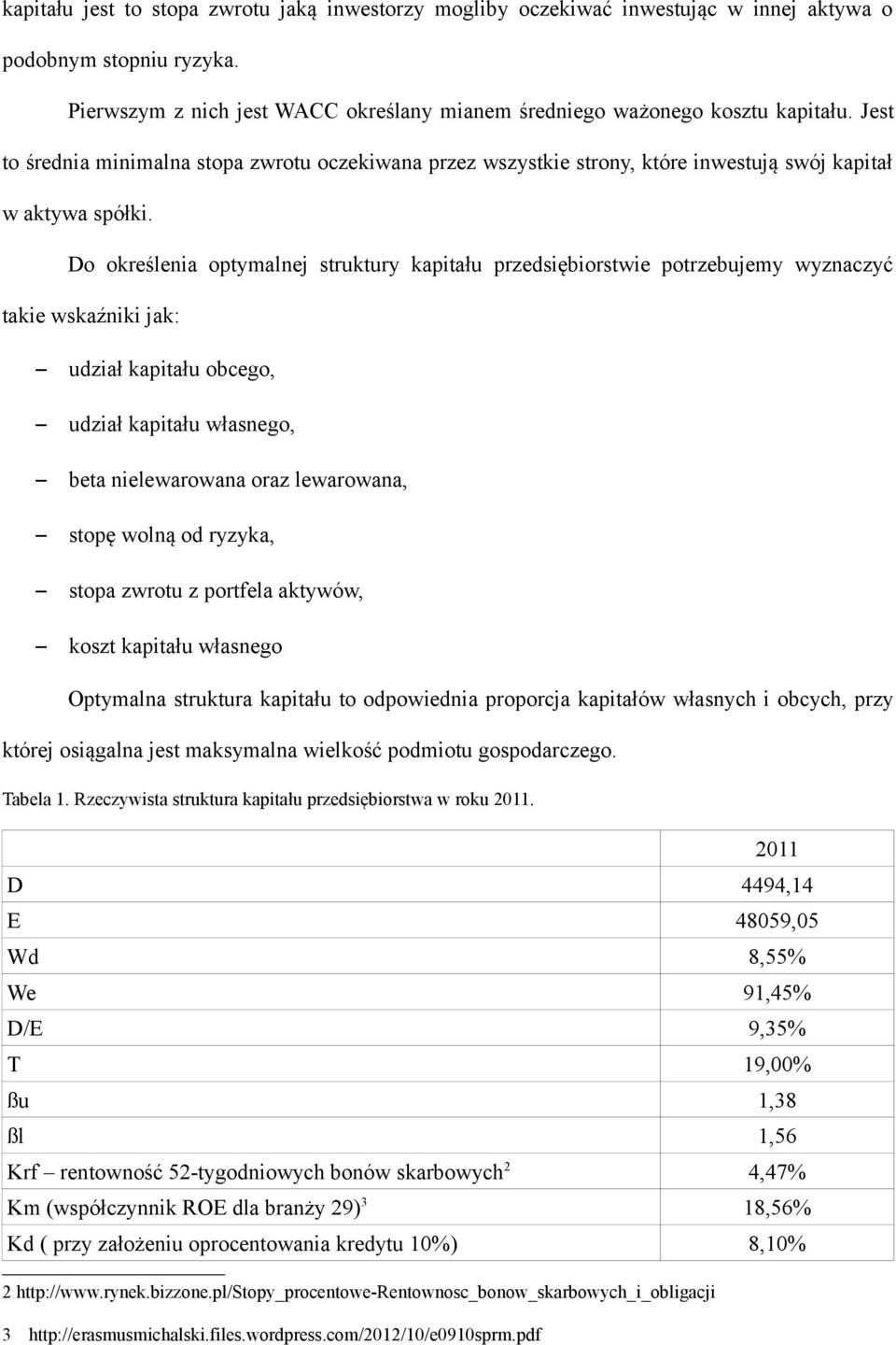 Do określenia optymalnej struktury kapitału przedsiębiorstwie potrzebujemy wyznaczyć takie wskaźniki jak: udział kapitału obcego, udział kapitału własnego, beta nielewarowana oraz lewarowana, stopę