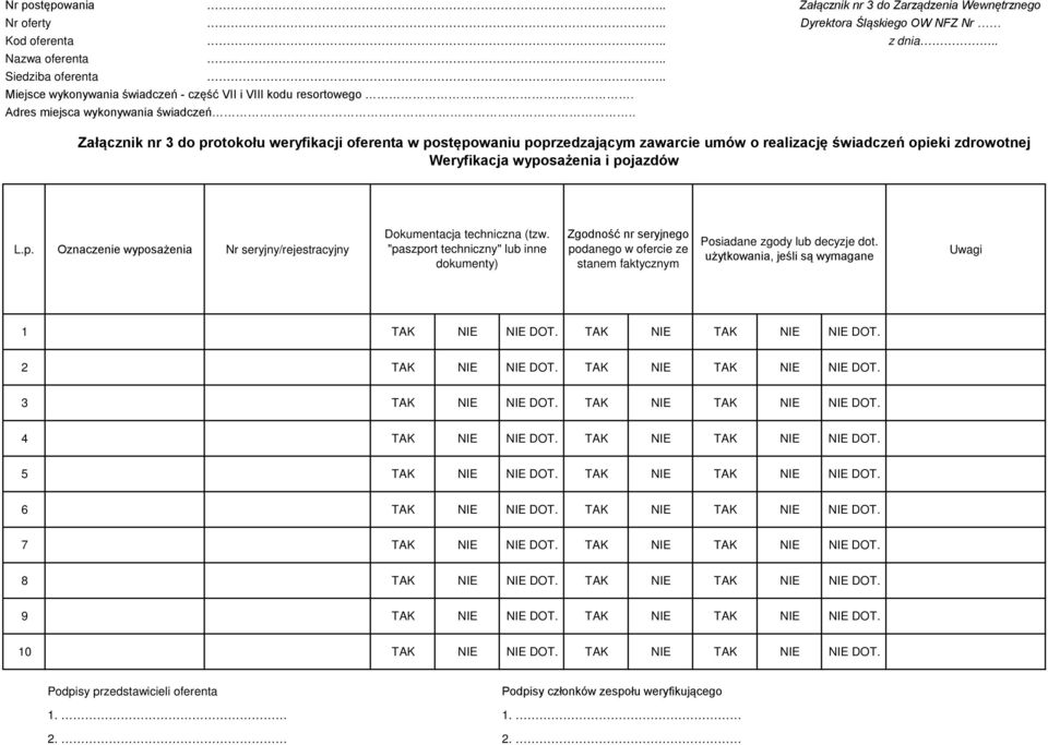 . Załącznik nr 3 do protokołu weryfikacji oferenta w postępowaniu poprzedzającym zawarcie umów o realizację świadczeń opieki zdrowotnej Weryfikacja wyposażenia i pojazdów Dokumentacja techniczna (tzw.