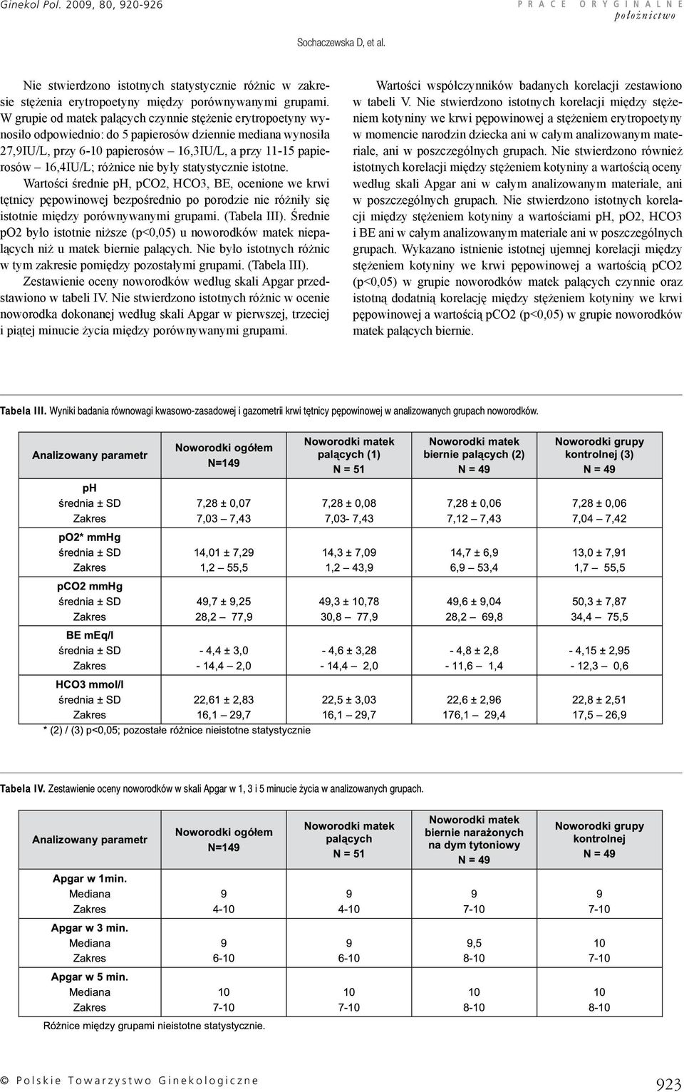 różnice nie były statystycznie istotne. Wartości średnie ph, pco2, HCO3, BE, ocenione we krwi tętnicy pępowinowej bezpośrednio po porodzie nie różniły się istotnie między porównywanymi grupami.