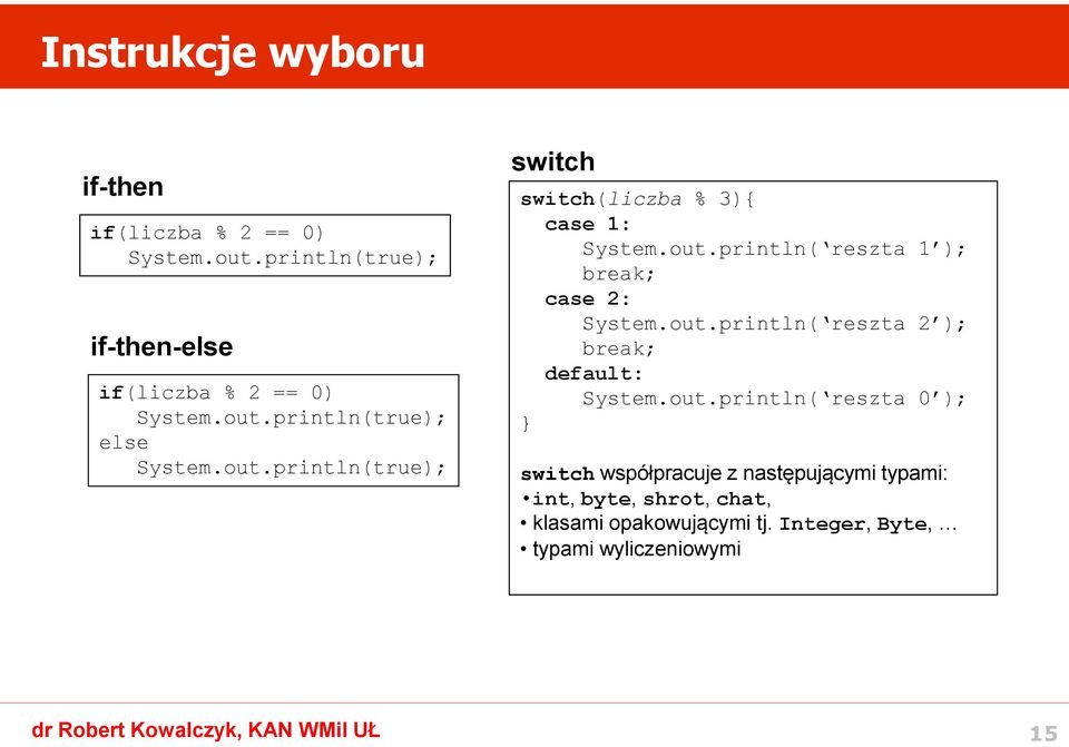 out.println( reszta 2 ); break; default: System.out.println( reszta 0 ); switch współpracuje z następującymi