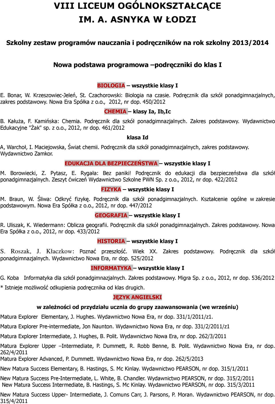 Czachorowski: Biologia na czasie. Podręcznik dla szkół ponadgimnazjalnych, zakres podstawowy. Nowa Era Spółka z o.o., 2012, nr dop. 450/2012 CHEMIA klasy Ia, Ib,Ic B. Kałuża, F. Kamińska: Chemia.