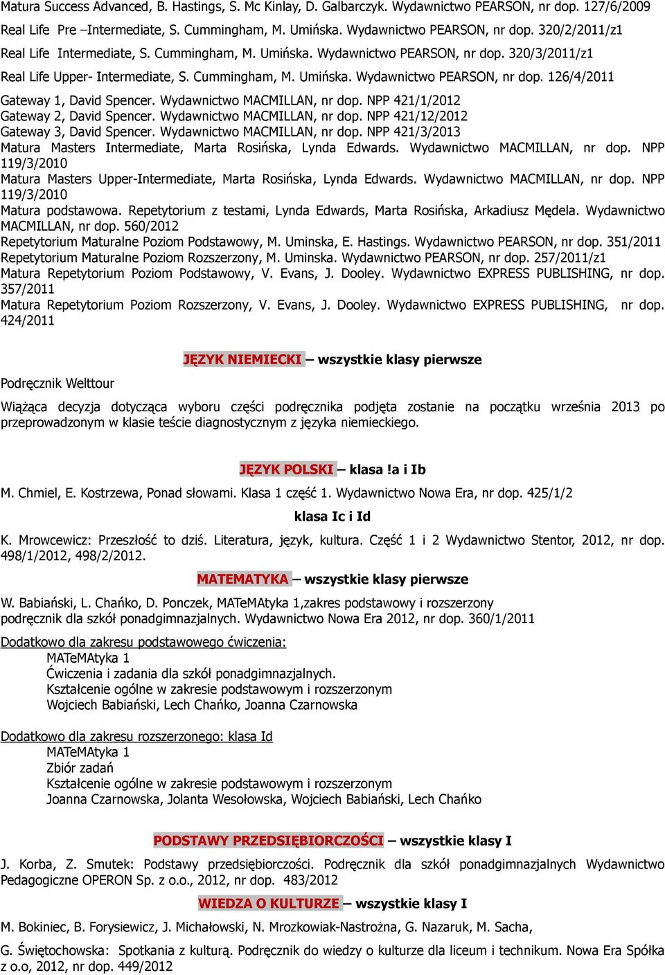 Wydawnictwo MACMILLAN, nr dop. NPP 421/1/2012 Gateway 2, David Spencer. Wydawnictwo MACMILLAN, nr dop. NPP 421/12/2012 Gateway 3, David Spencer. Wydawnictwo MACMILLAN, nr dop. NPP 421/3/2013 Matura Masters Intermediate, Marta Rosińska, Lynda Edwards.
