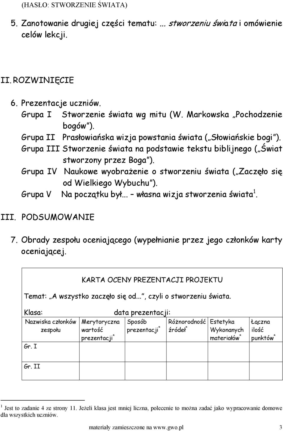 Grupa IV Naukowe wyobrażenie o stworzeniu świata ( Zaczęło się od Wielkiego Wybuchu ). Grupa V Na początku był... własna wizja stworzenia świata 1. III. PODSUMOWANIE 7.