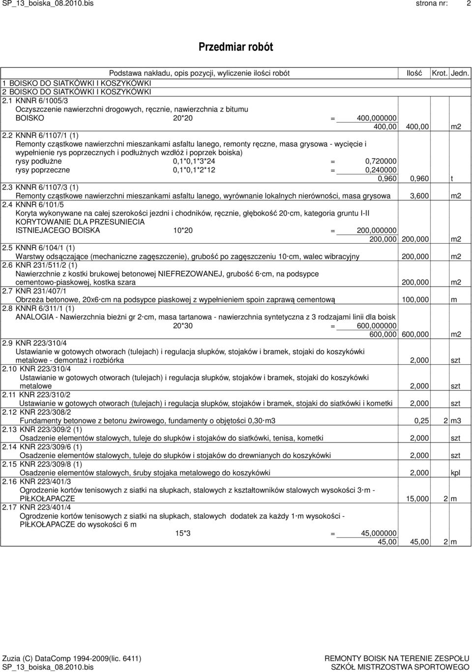 2 KNNR 6/1107/1 (1) Remonty cząstkowe nawierzchni mieszankami asfaltu lanego, remonty ręczne, masa grysowa - wycięcie i wypełnienie rys poprzecznych i podłużnych wzdłóż i poprzek boiska) rysy