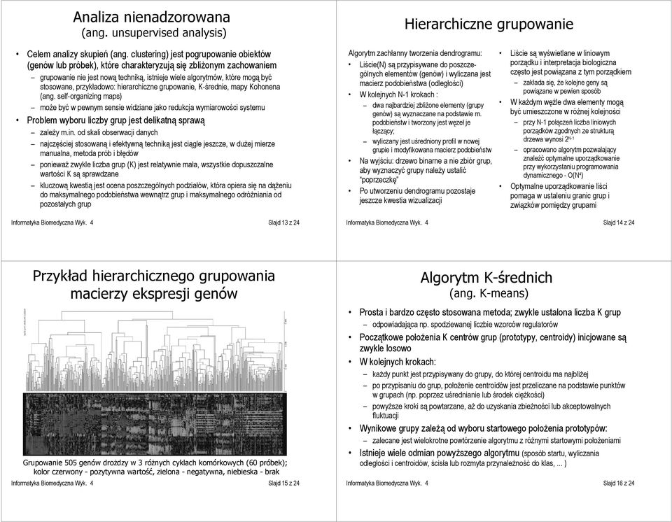 przykładowo: hierarchiczne grupowanie, K-średnie, mapy Kohonena (ang.