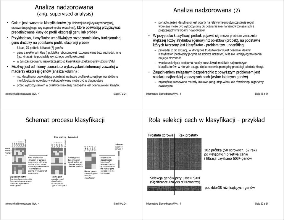 umożliwiający rozpoznanie klasy funkcjonalnej genu drożdzy na podstawie profilu ekspresji próbek 6 klas, 79 próbek, kilkaset (?) genów geny z niektórych klas (np.