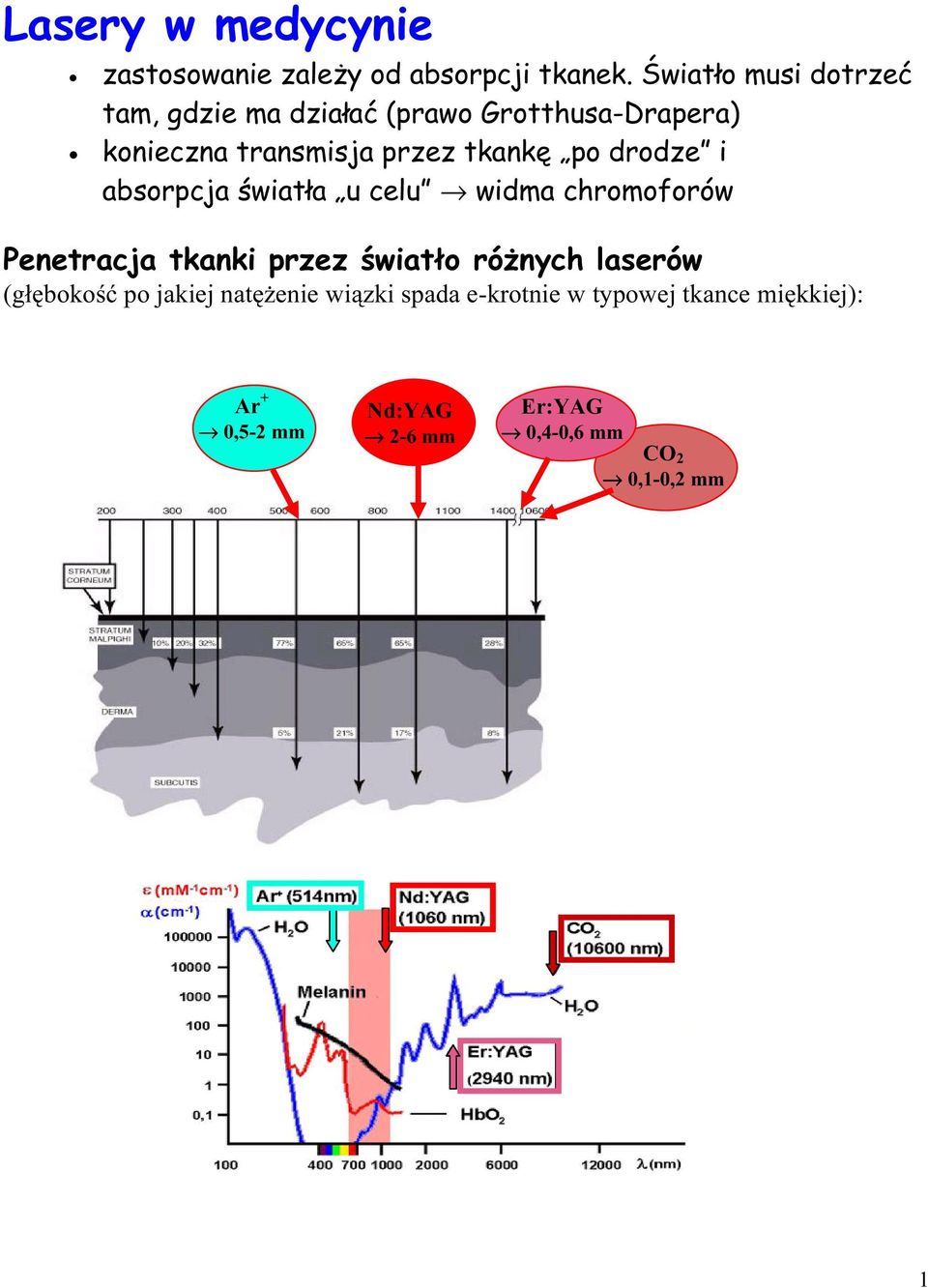 po drodze i absorpcja światła u celu widma chromoforów Penetracja tkanki przez światło różnych laserów