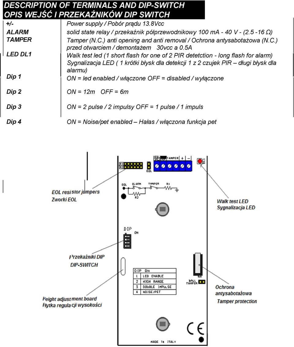 5A Walk test led (1 short flash for one of 2 PIR detetction - long flash for alarm) Sygnalizacja LED ( 1 krótki błysk dla detekcji 1 z 2 czujek PIR długi błysk dla alarmu) ON