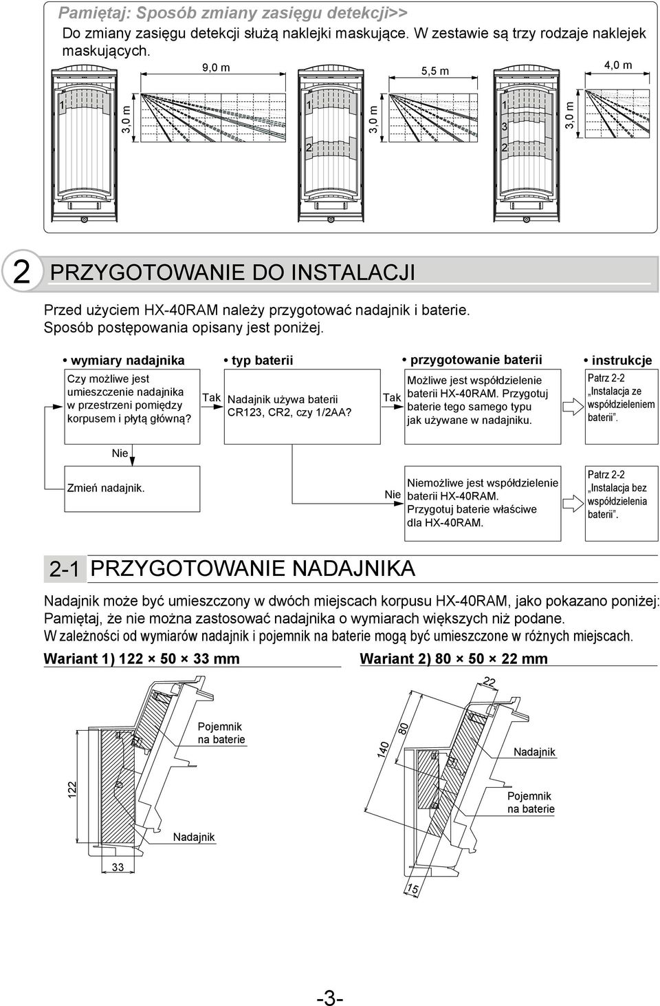 wymiary nadajnika Czy możliwe jest umieszczenie nadajnika w przestrzeni pomiędzy korpusem i płytą główną? Tak typ baterii Nadajnik używa baterii CR, CR, czy /AA?