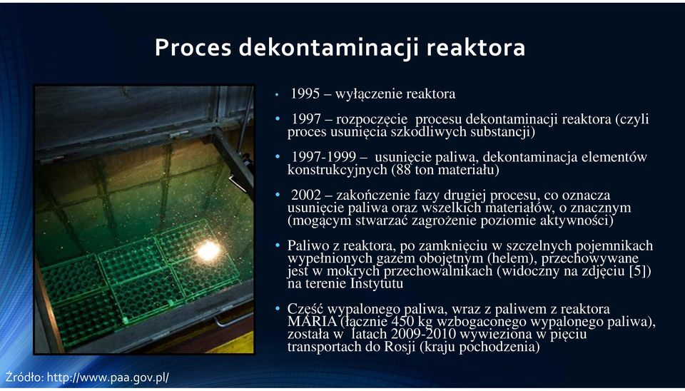 elementów konstrukcyjnych (88 ton materiału) 2002 zakończenie fazy drugiej procesu, co oznacza usunięcie paliwa oraz wszelkich materiałów, o znacznym (mogącym stwarzać zagrożenie poziomie aktywności)