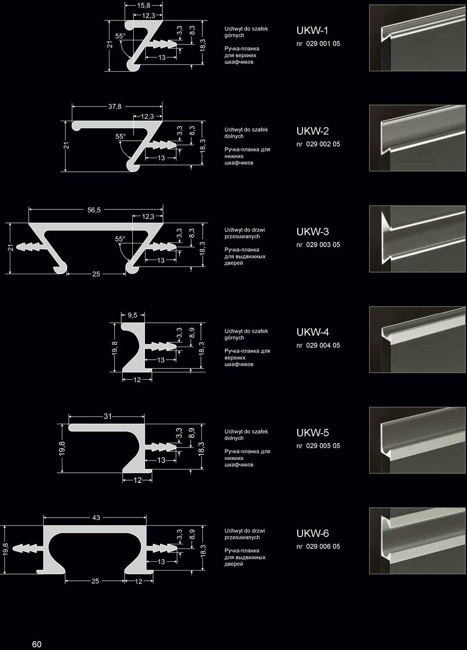 003 05 5 9,5 19,,9 1, 3 Uchwyt do szafek górnych Ручка-планка для верхних шкафчиков UKW-4 nr 09 004 05 1 31 19,,9 1,3 Uchwyt do szafek dolnych