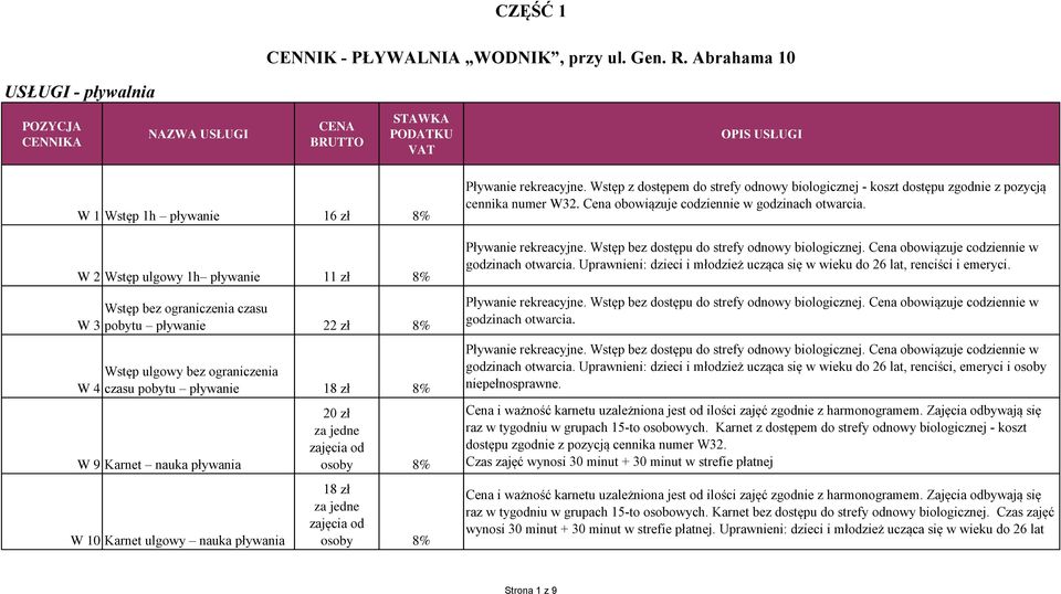 czasu pobytu pływanie 22 zł Wstęp ulgowy bez ograniczenia czasu pobytu pływanie 18 zł W 9 Karnet nauka pływania W 10 Karnet ulgowy nauka pływania 20 zł 18 zł Pływanie rekreacyjne.