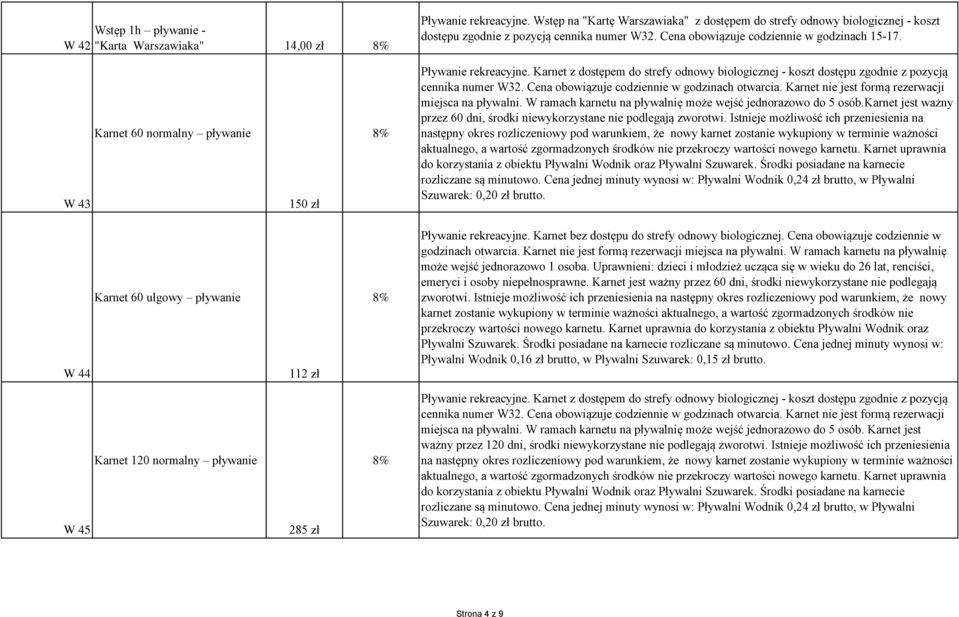 Karnet z dostępem do strefy odnowy biologicznej - koszt dostępu zgodnie z pozycją cennika numer W32. Cena obowiązuje codziennie w godzinach otwarcia.