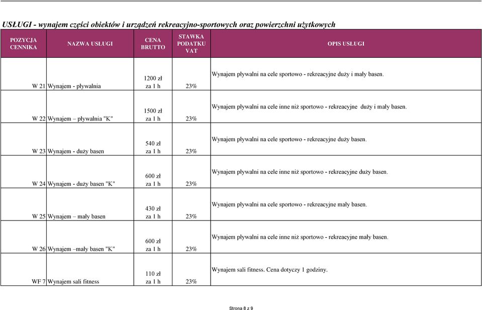 W 23 Wynajem - duży basen 540 zł Wynajem pływalni na cele sportowo - rekreacyjne duży basen. W 24 Wynajem - duży basen "K" 600 zł Wynajem pływalni na cele inne niż sportowo - rekreacyjne duży basen.