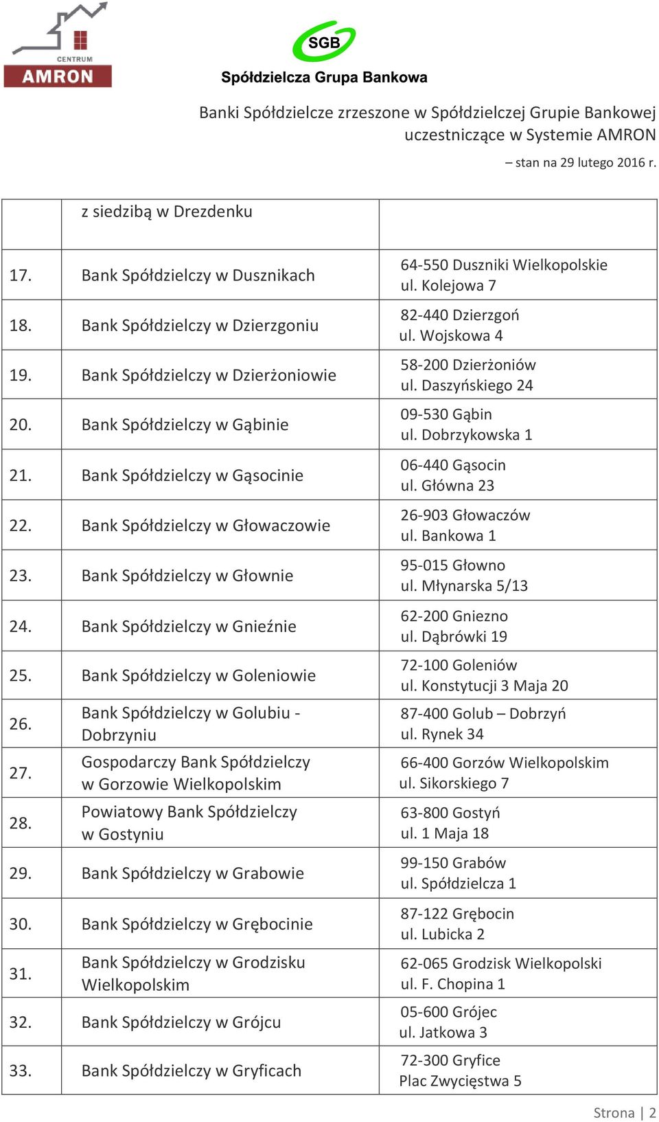 w Gryficach 64-550 Duszniki Wielkopolskie ul. Kolejowa 7 82-440 Dzierzgoń ul. Wojskowa 4 58-200 Dzierżoniów ul. Daszyńskiego 24 09-530 Gąbin ul. Dobrzykowska 1 06-440 Gąsocin ul.