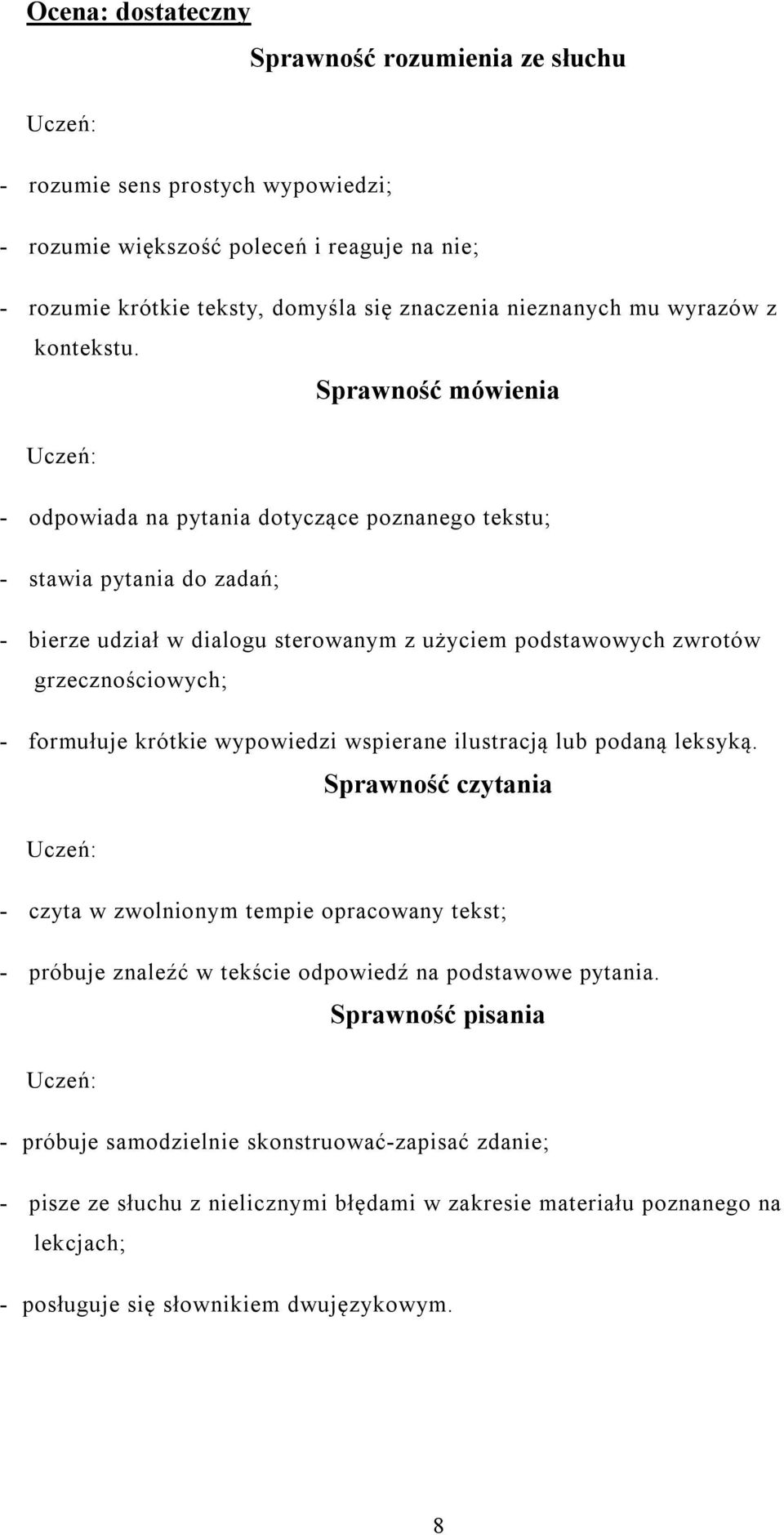 Sprawność mówienia - odpowiada na pytania dotyczące poznanego tekstu; - stawia pytania do zadań; - bierze udział w dialogu sterowanym z użyciem podstawowych zwrotów grzecznościowych; -