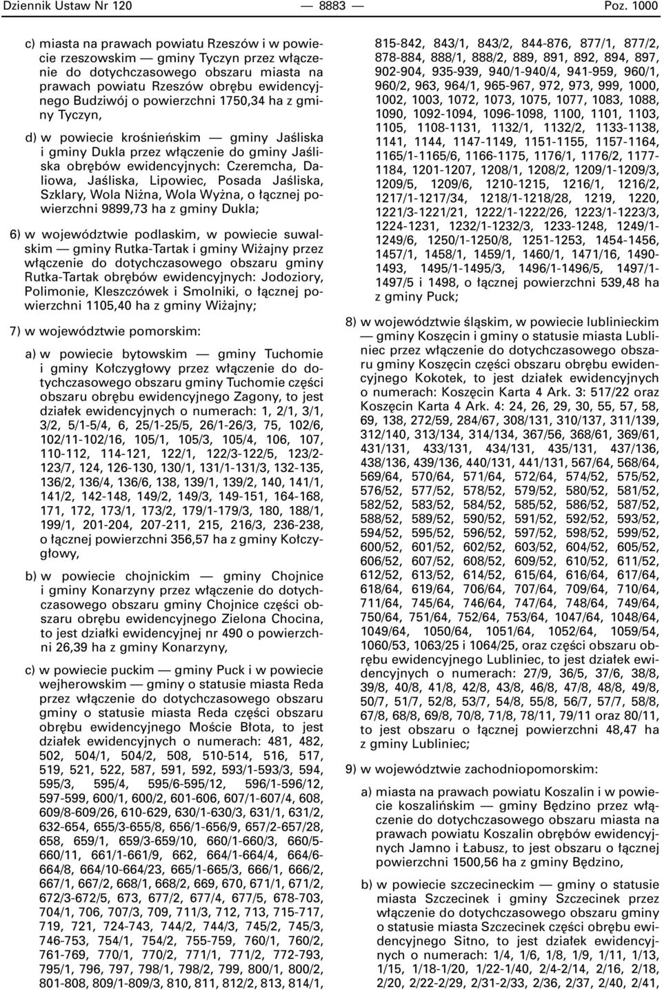 powierzchni 1750,34 ha z gminy Tyczyn, d) w powiecie kroênieƒskim gminy JaÊliska i gminy Dukla przez w àczenie do gminy JaÊliska obr bów ewidencyjnych: Czeremcha, Daliowa, JaÊliska, Lipowiec, Posada