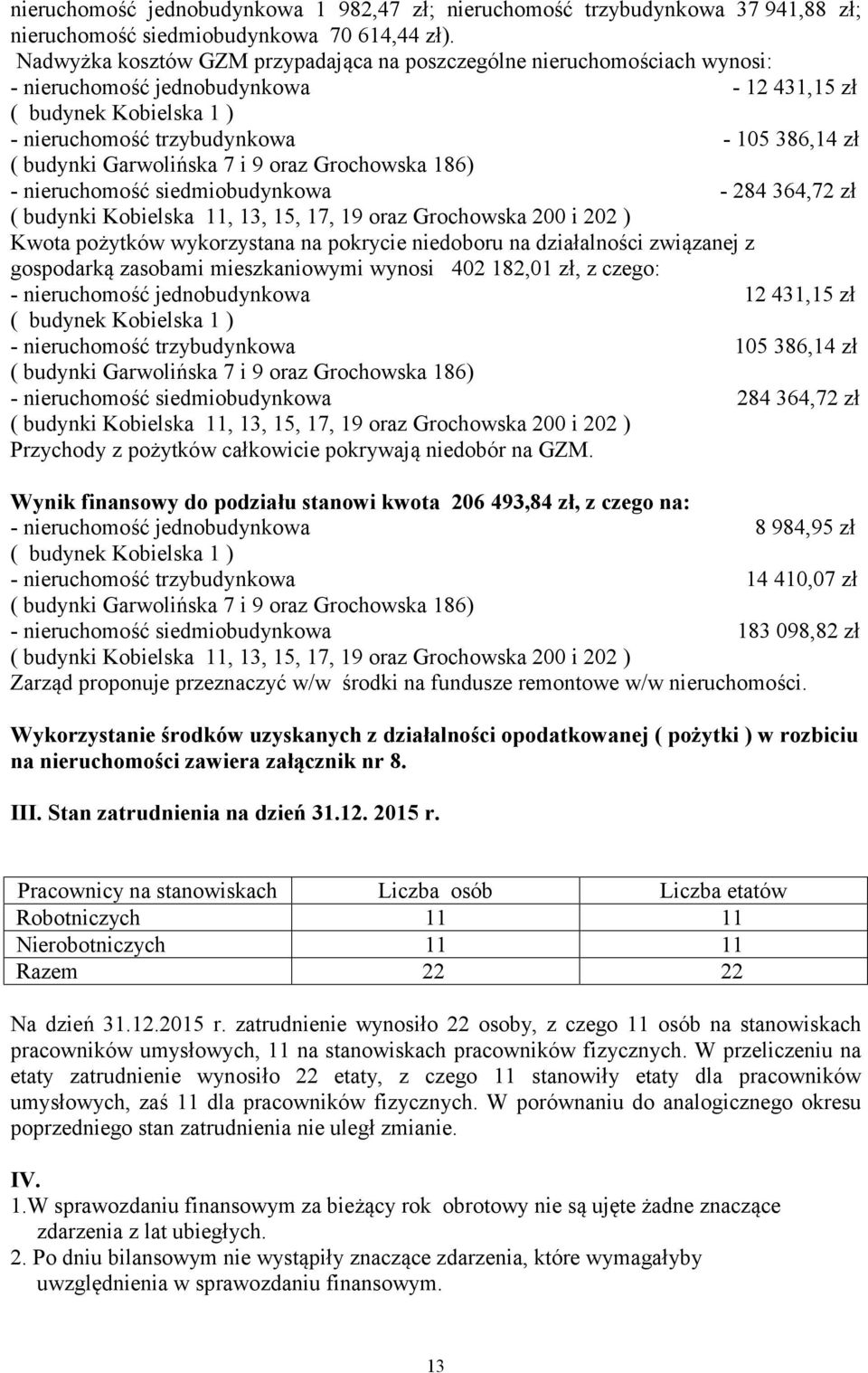 Garwolińska 7 i 9 oraz Grochowska 186) - nieruchomość siedmiobudynkowa - 284 364,72 zł ( budynki Kobielska 11, 13, 15, 17, 19 oraz Grochowska 200 i 202 ) Kwota pożytków wykorzystana na pokrycie