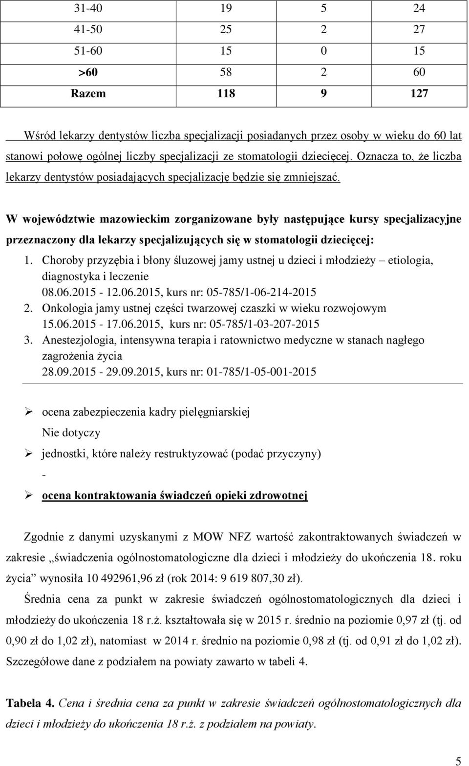 W województwie mazowieckim zorganizowane były następujące kursy specjalizacyjne przeznaczony dla lekarzy specjalizujących się w stomatologii dziecięcej: 1.