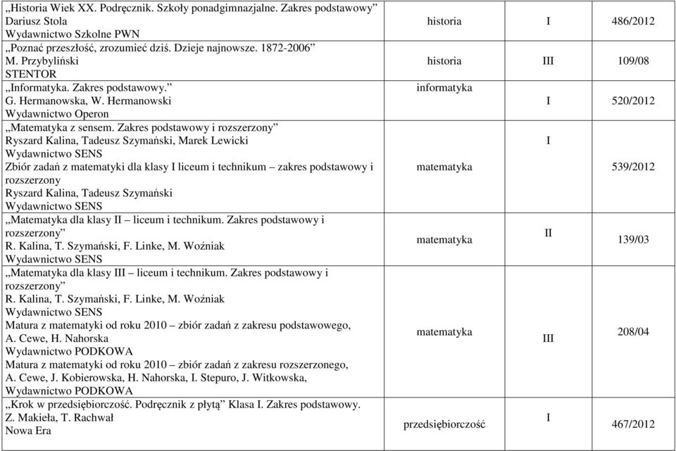 Zakres podstawowy i rozszerzony Ryszard Kalina, Tadeusz Szymański, Marek Lewicki Zbiór zadań z matematyki dla klasy liceum i technikum zakres podstawowy i rozszerzony Ryszard Kalina, Tadeusz