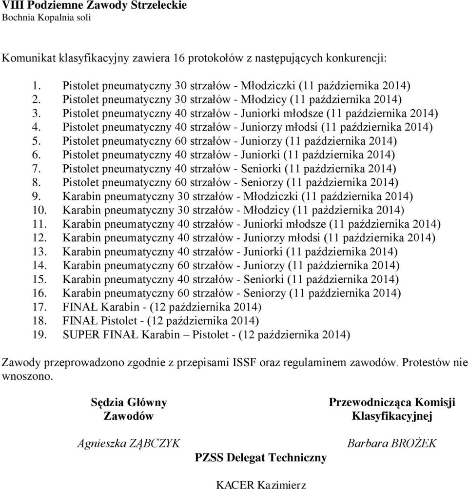 Pistolet pneumatyczny 40 strzałów - Juniorki () 7. Pistolet pneumatyczny 40 strzałów - Seniorki () 8. Pistolet pneumatyczny 60 strzałów - Seniorzy () 9.