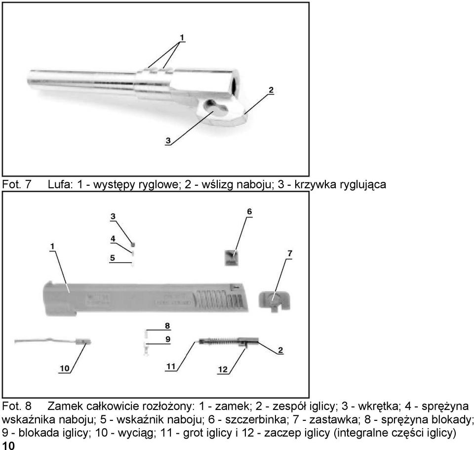 wskaźnika naboju; 5 - wskaźnik naboju; 6 - szczerbinka; 7 - zastawka; 8 - sprężyna