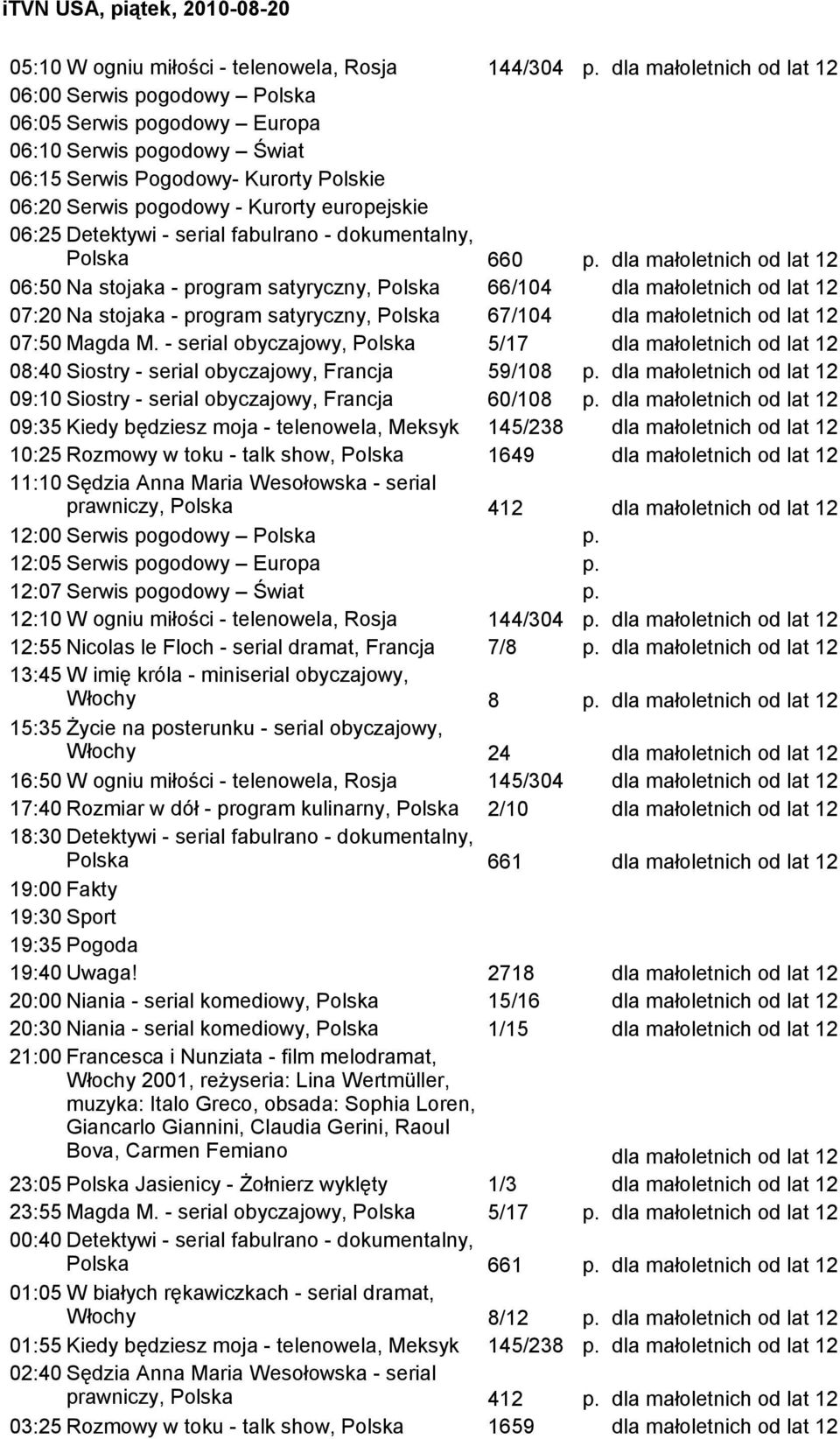 - serial obyczajowy, Polska 5/17 08:40 Siostry - serial obyczajowy, Francja 59/108 p. 09:10 Siostry - serial obyczajowy, Francja 60/108 p.