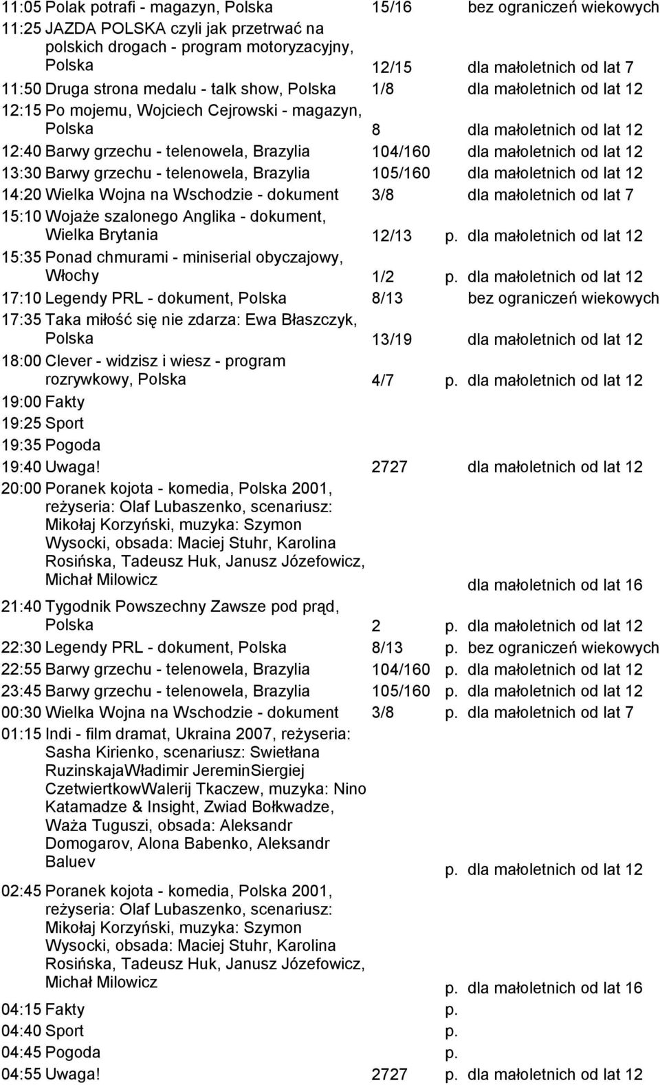 105/160 14:20 Wielka Wojna na Wschodzie - dokument 3/8 dla małoletnich od lat 7 15:10 Wojaże szalonego Anglika - dokument, Wielka Brytania 12/13 p.